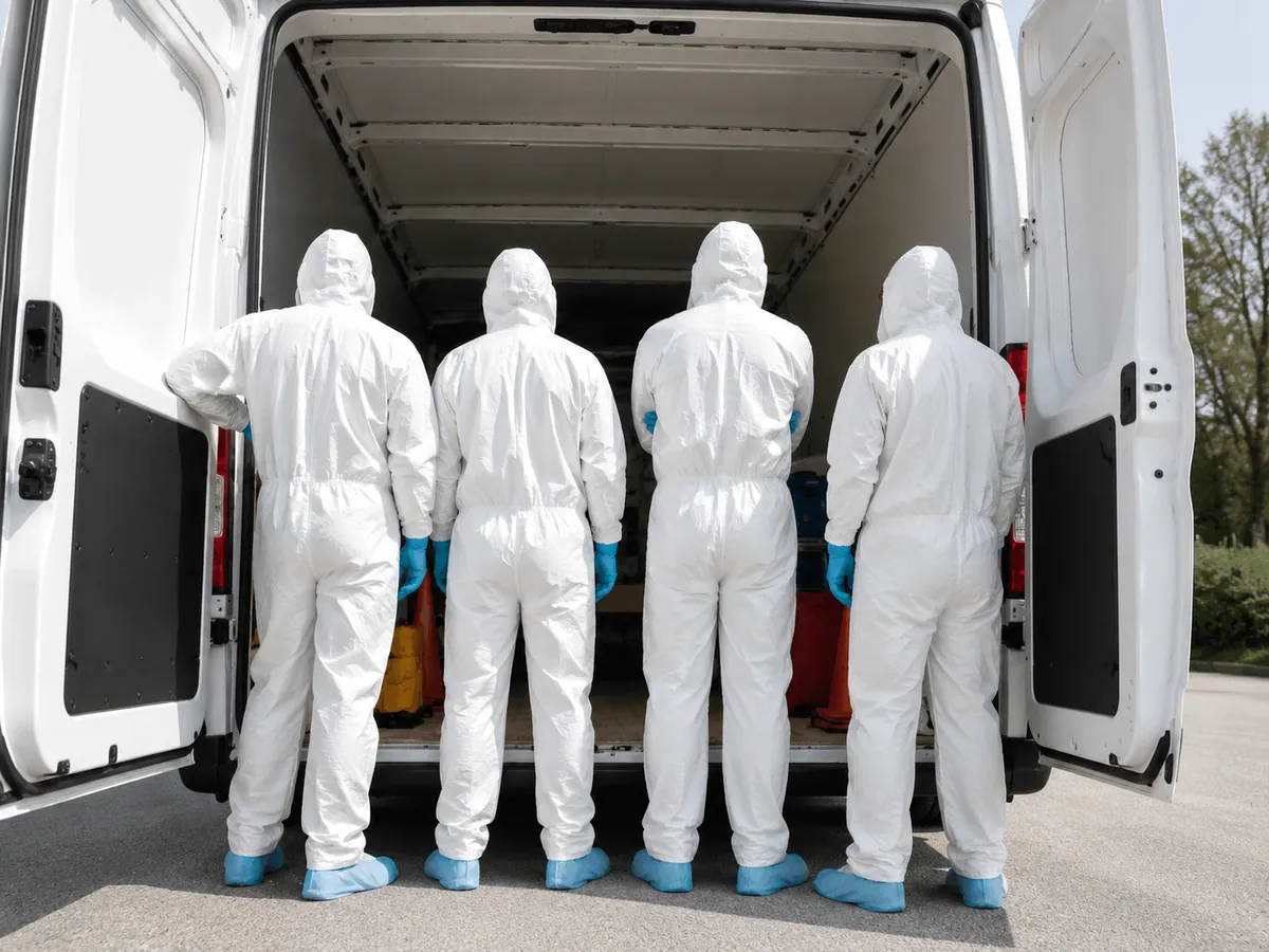 Restoration crew in protective gear with their equipment-loaded service truck