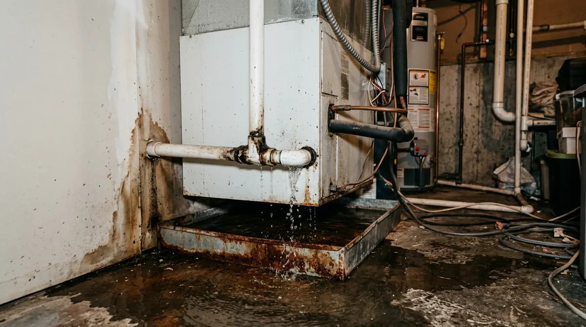 Indoor HVAC air handler with a clogged condensate drain line overflowing its drip pan onto a basement floor