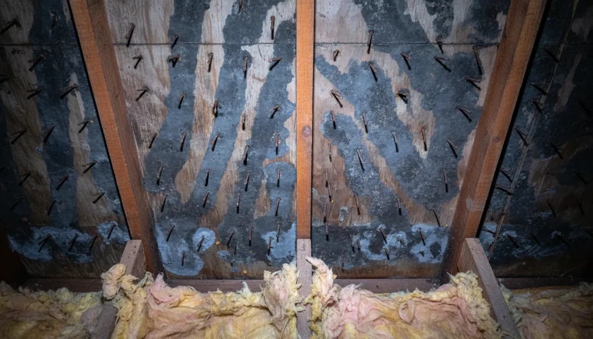 Underside of an attic roof deck showing dark mold staining across the plywood sheathing between rafters