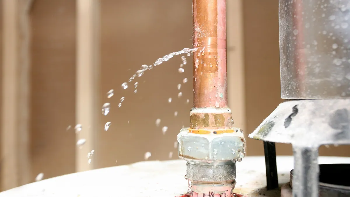 Copper supply line spraying a jet of water near a residential water heater