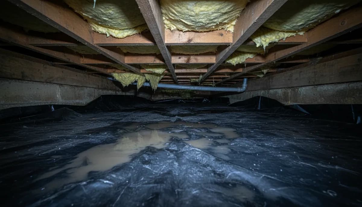 Damp residential crawl space with standing water pooled on the vapor barrier beneath wooden floor joists