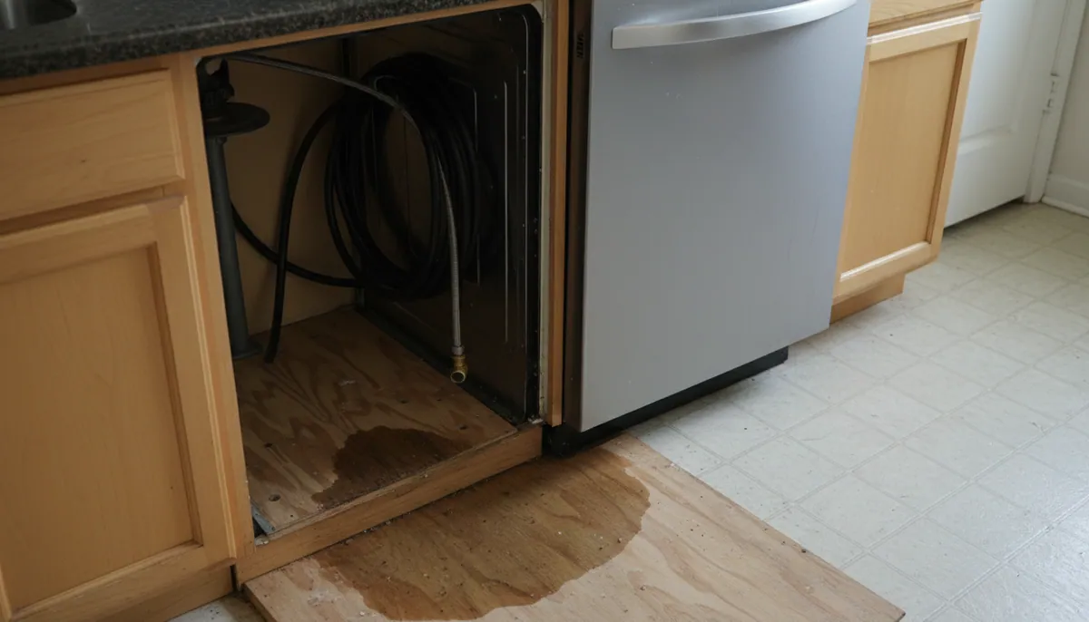 Water pooling under a kitchen cabinet beside a dishwasher with the toe kick panel removed