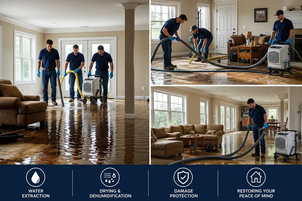 Restoration technicians extracting standing water and running drying equipment in a flooded living room