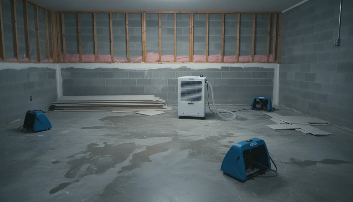 Air movers and a dehumidifier positioned across a damp basement floor with the baseboards removed