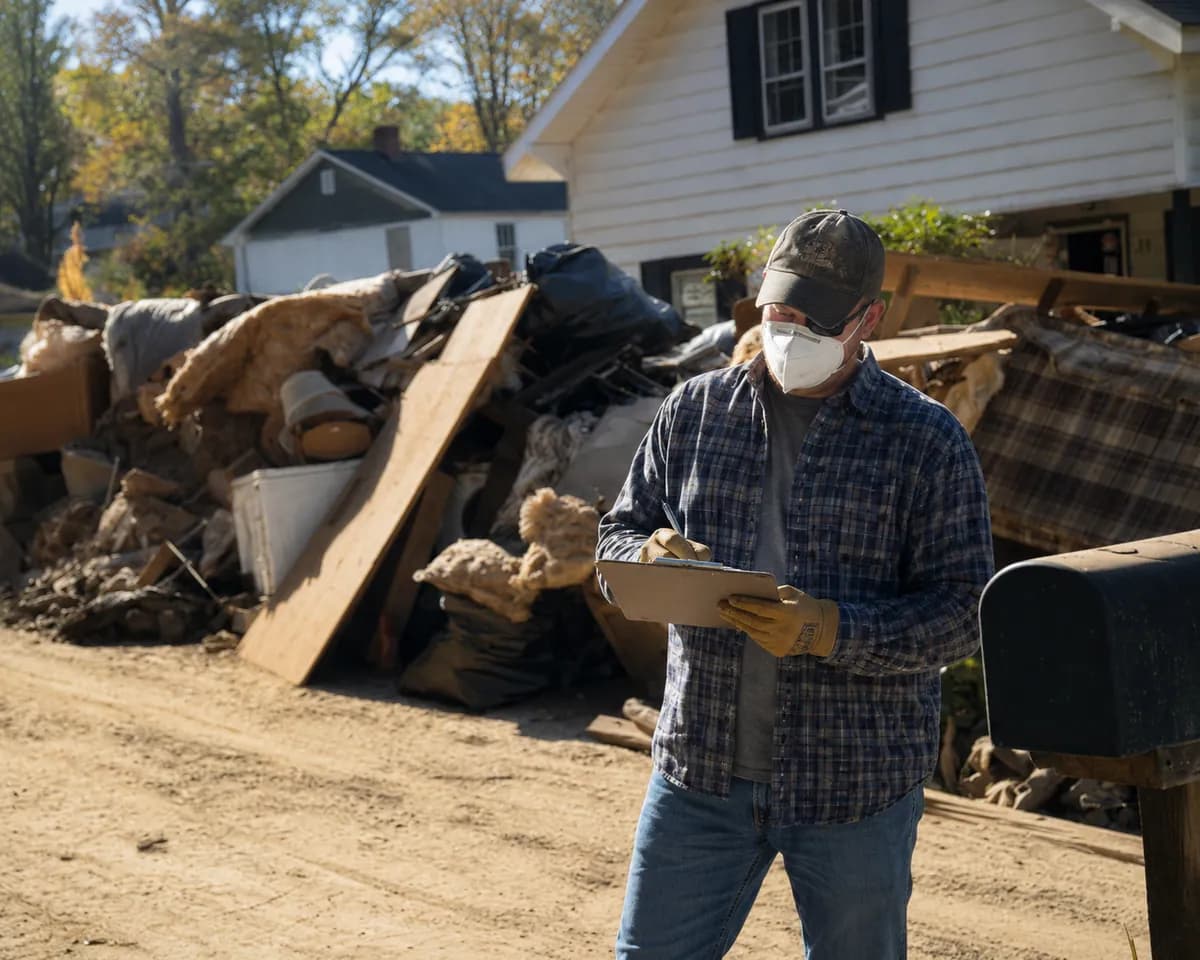 Property owner taking notes on a clipboard beside flood-damaged contents outside a water-damaged home