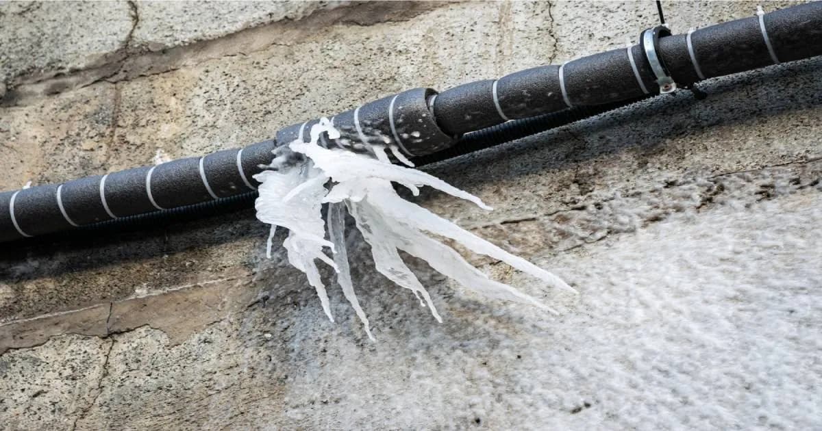 Insulated pipe that has burst with water frozen mid-spray into icicles against an exterior wall