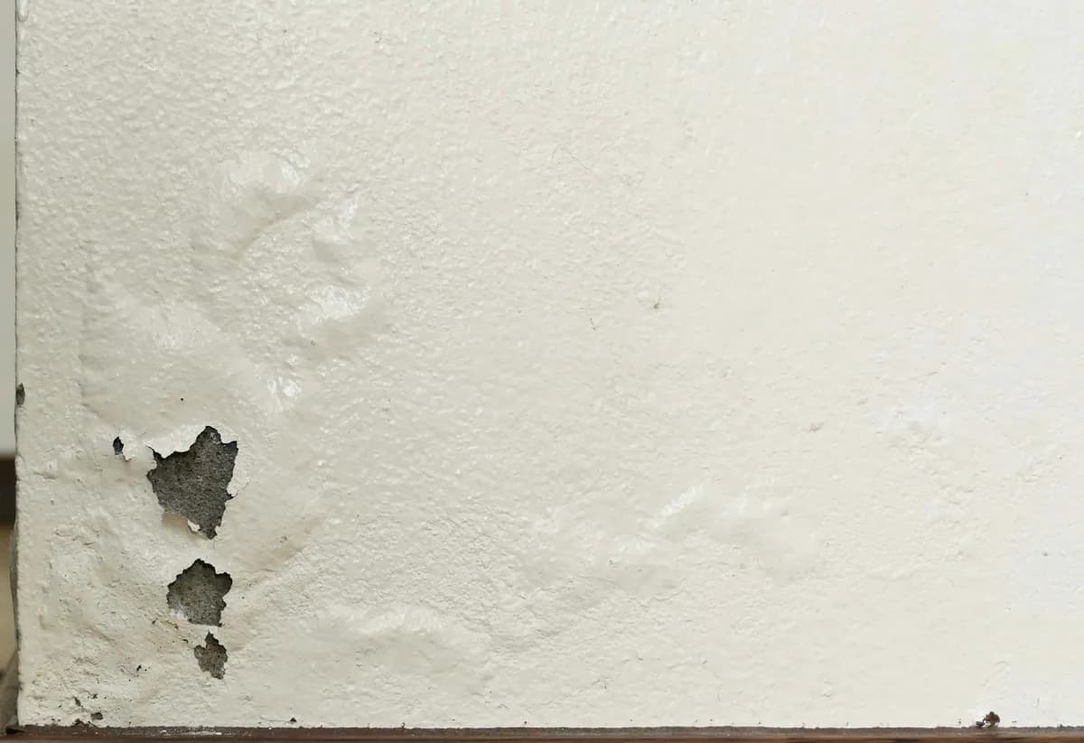 Bubbling paint and a faint water stain near the baseboard of an interior wall