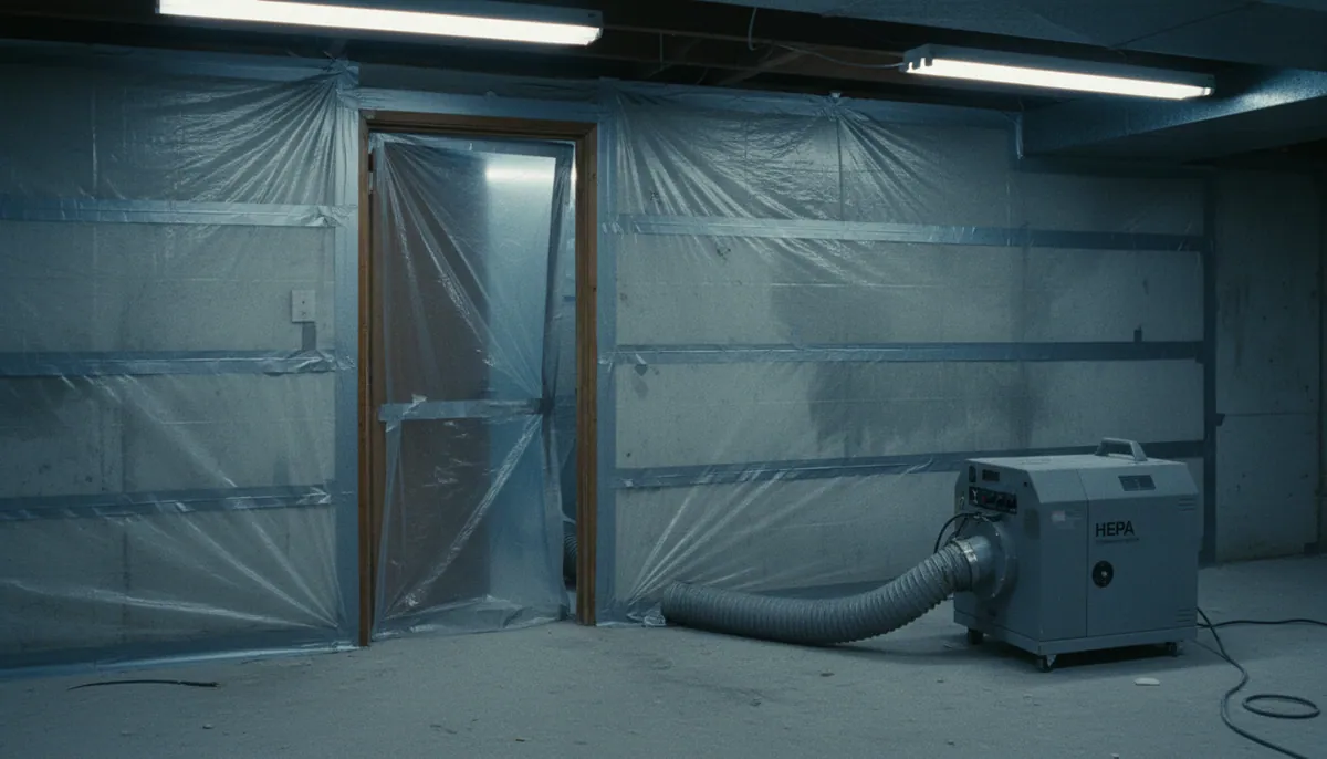 Remediation technician in protective equipment setting up containment sheeting around a mold-affected basement wall