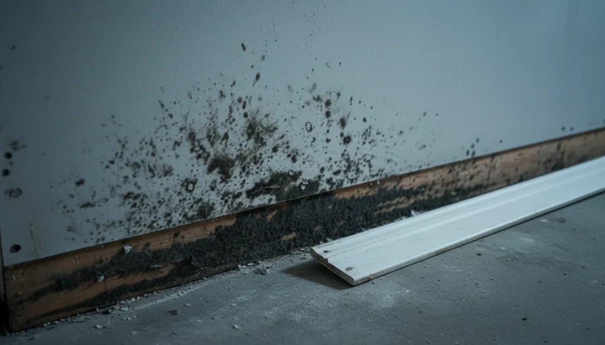 Dark mold growth spreading across the lower section of a basement drywall wall behind a removed baseboard