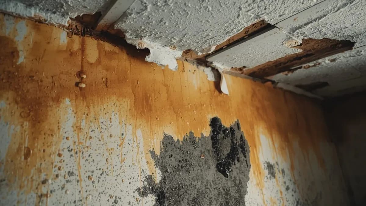 Mold growth and rust-colored water staining spreading across a basement wall and ceiling