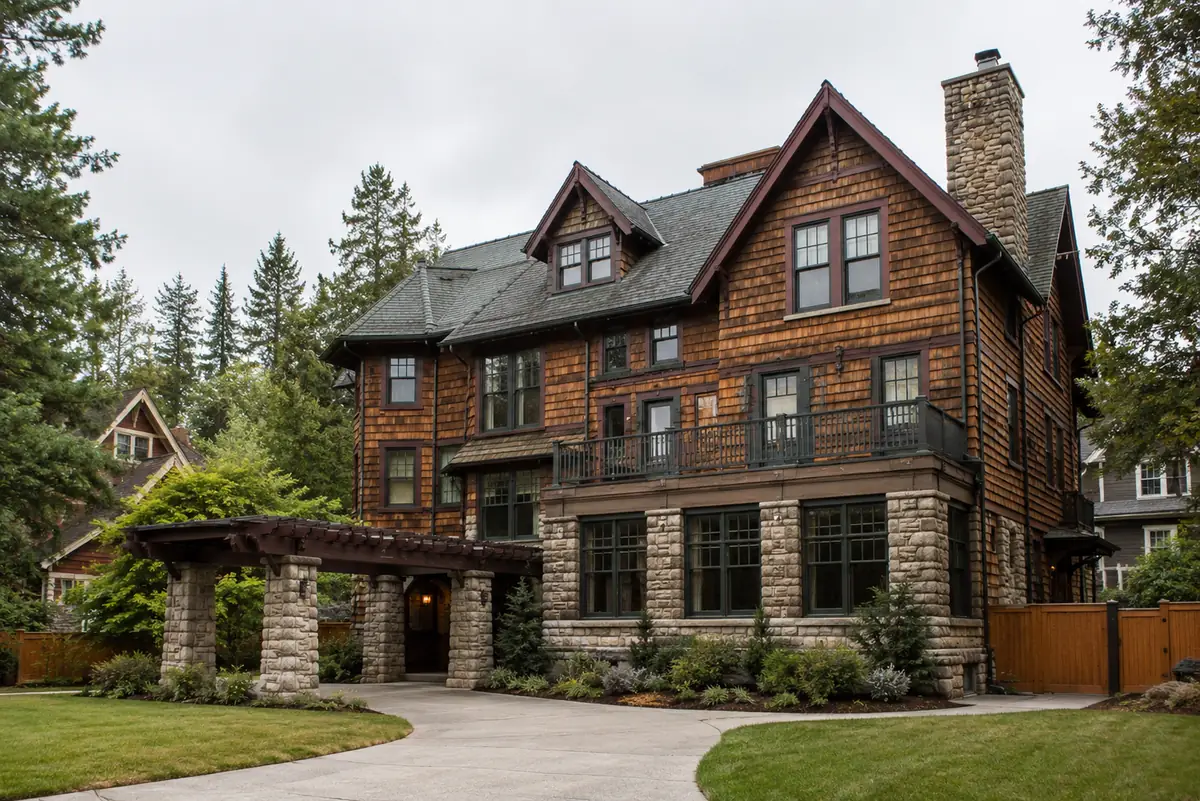 Large historic brick home with gabled rooflines in an older Cedar Rapids neighborhood