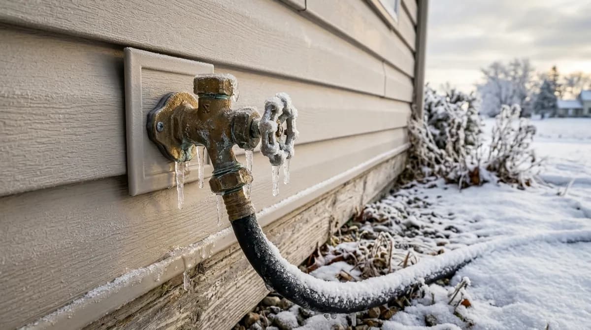 Outdoor faucet on house siding coated in ice, with a frozen garden hose still attached