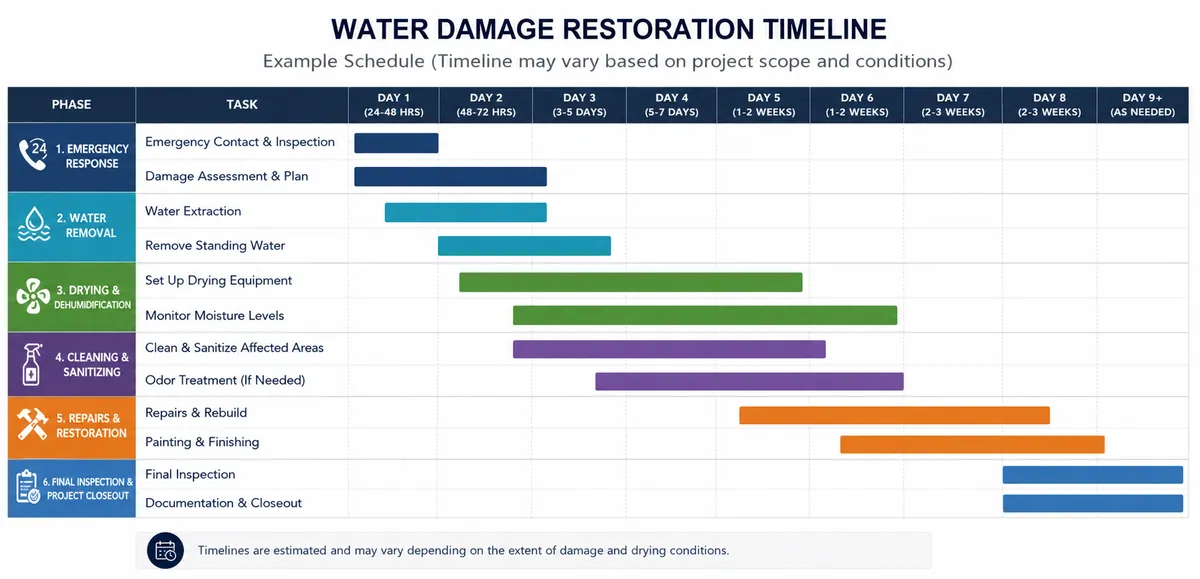 Infographic showing the phases and typical day-by-day timeline of a water damage restoration project