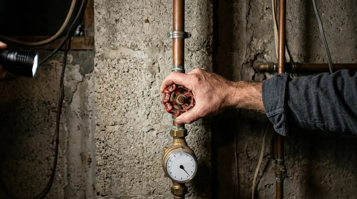 Hand turning the main water shutoff valve on a copper service line near a basement foundation wall