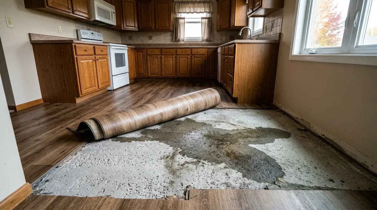 Kitchen vinyl flooring rolled back to show a wet patch spreading across the concrete slab