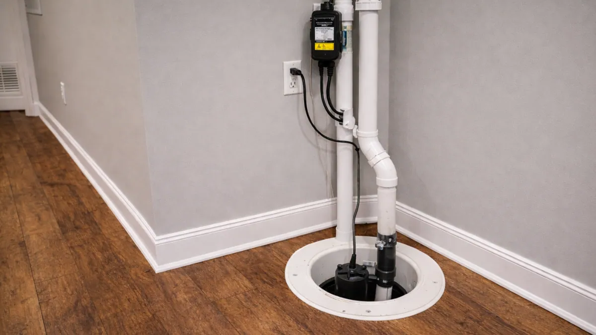 Sump pump with PVC discharge piping and a battery backup unit installed in a basement floor pit