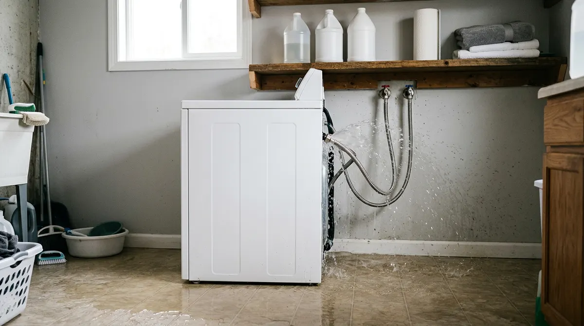 Burst braided supply hose spraying water behind a washing machine in a residential laundry room