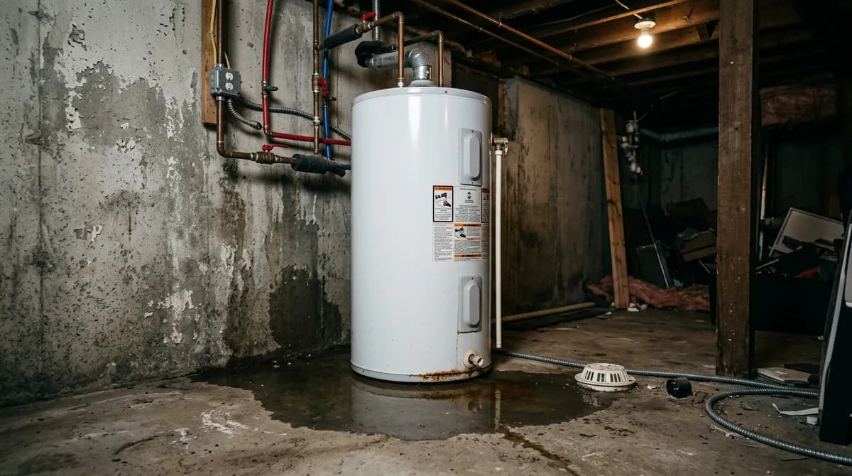 Residential tank water heater in a basement utility room with water pooling on the concrete floor around its base