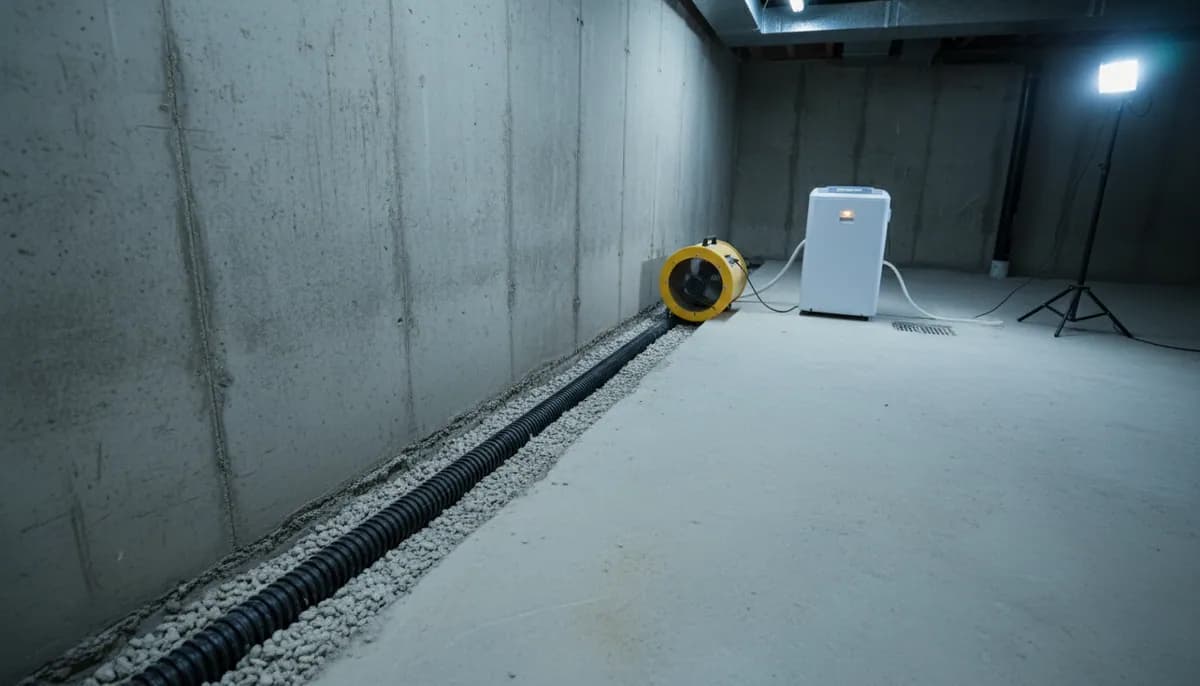 Basement wall with an interior perimeter drainage channel on one side and drying equipment running on the other