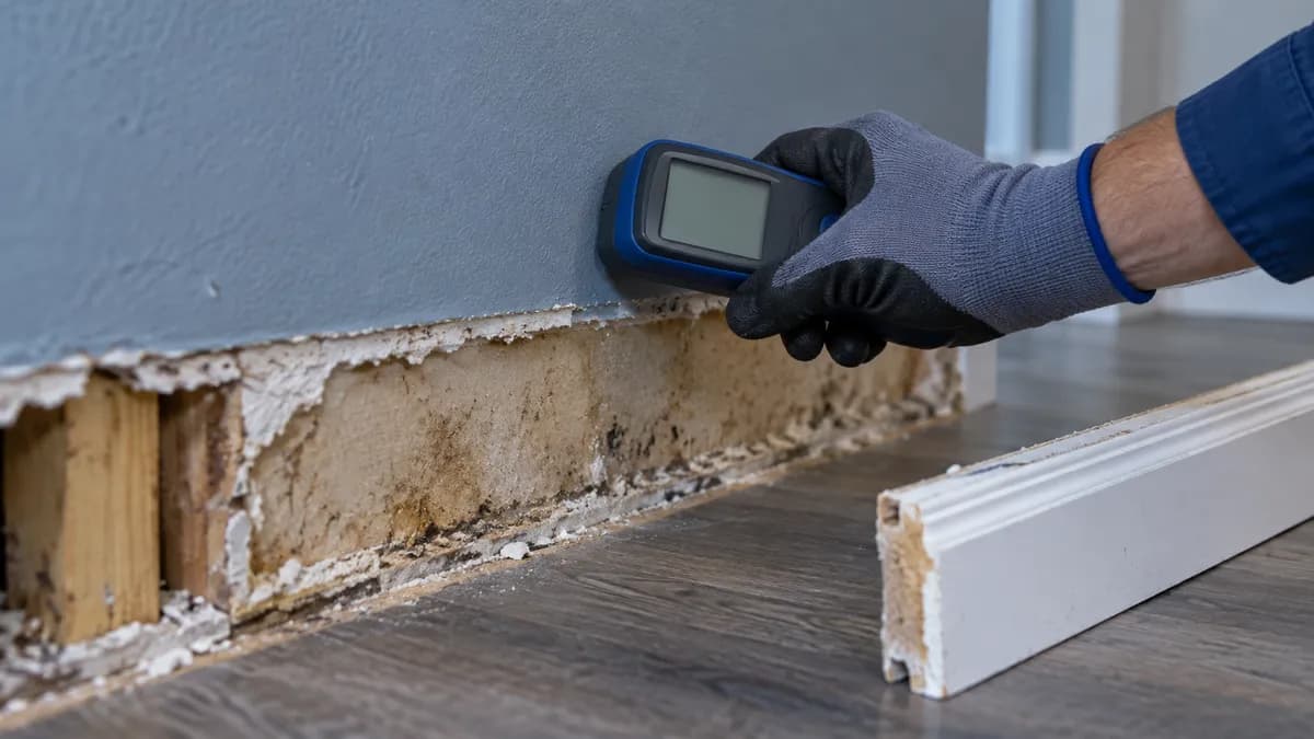 Moisture assessment at the base of a residential drywall wall with trim removed