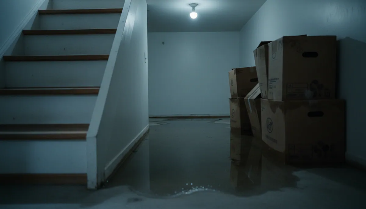 Homeowner standing at the bottom of basement stairs looking at standing water on the floor while holding a phone
