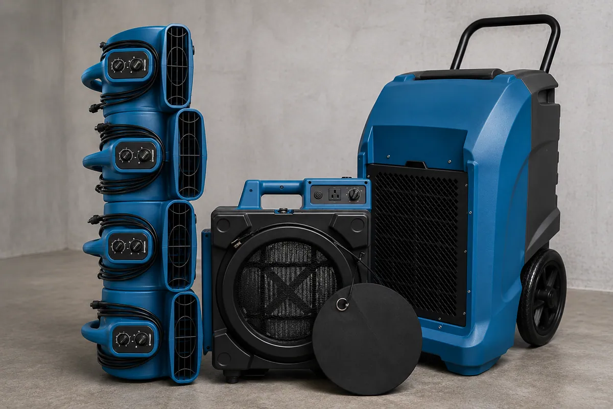 Commercial dehumidifier and air movers running in a basement during structural drying