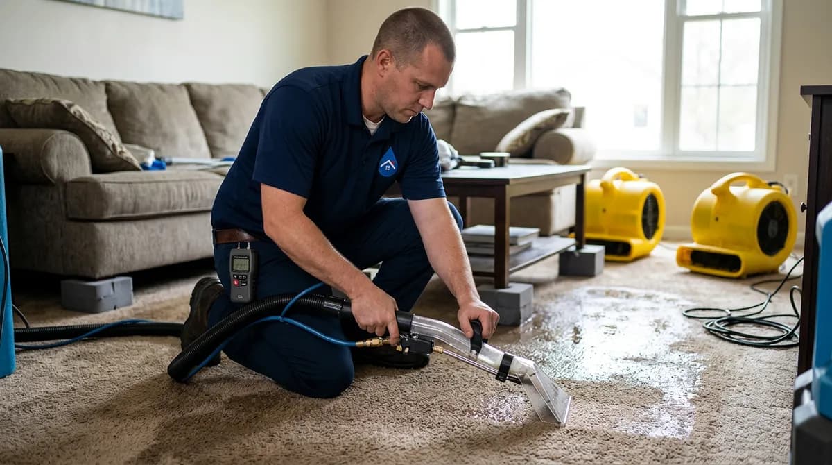 Cedar Rapids Water Damage Pro technician extracting water from soaked carpet in a living room with air movers running