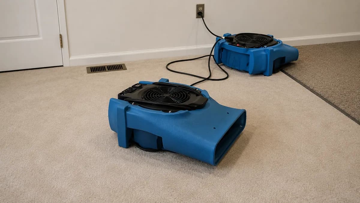 Restoration technician extracting water from a flooded room with drying equipment running