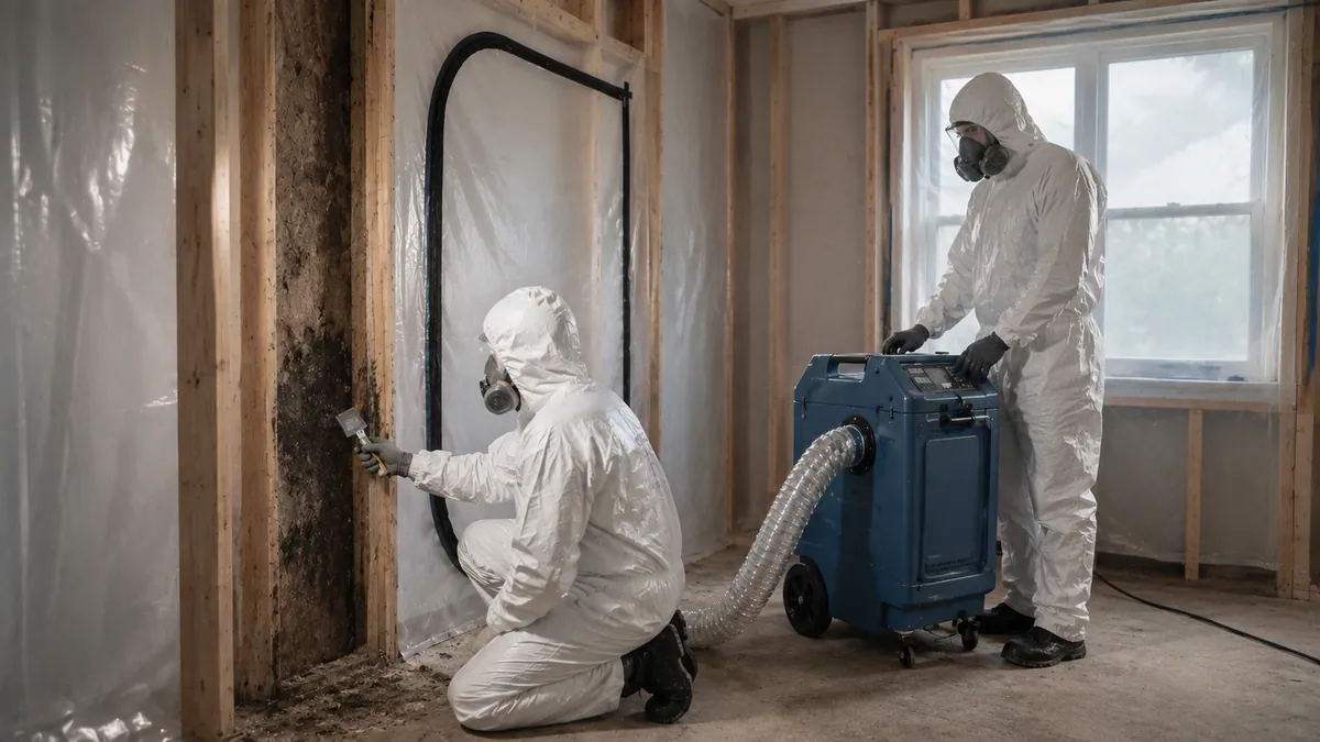 Restoration technicians in full protective suits and respirators setting up containment and HEPA filtration