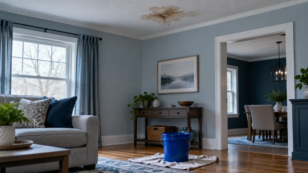 Small ceiling water stain below an upstairs plumbing leak in a residential room