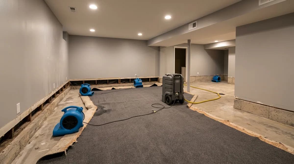 Blue air movers and a dehumidifier drying a finished basement with the carpet pulled back from the walls