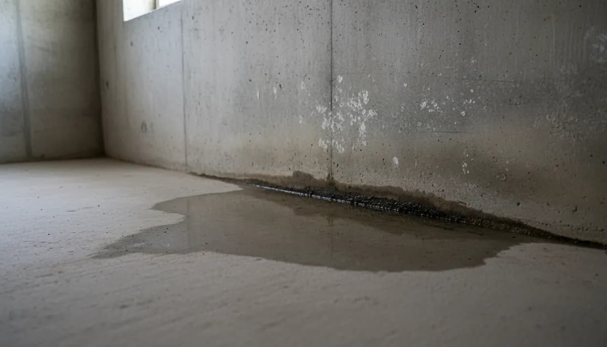 Water seeping through a poured concrete basement wall at the floor joint, leaving a dark wet line along the slab
