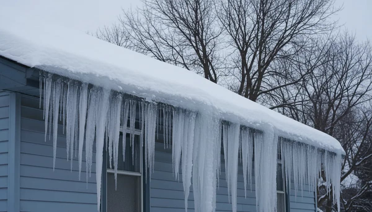 Thick ridge of ice built up along a residential roof eave with icicles hanging over the gutter line