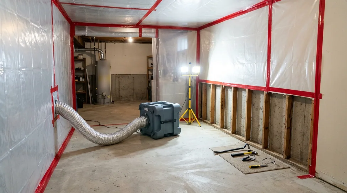 Basement sealed with plastic containment walls, an air scrubber with ducting, and the lower drywall cut away