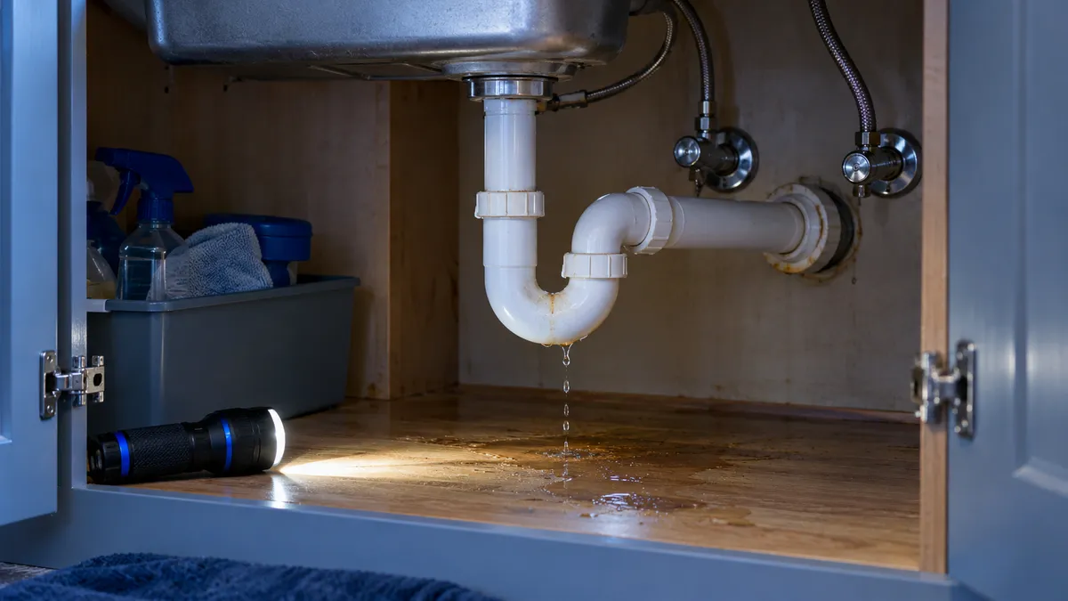 Damp wooden sink cabinet base below residential plumbing with a flashlight nearby