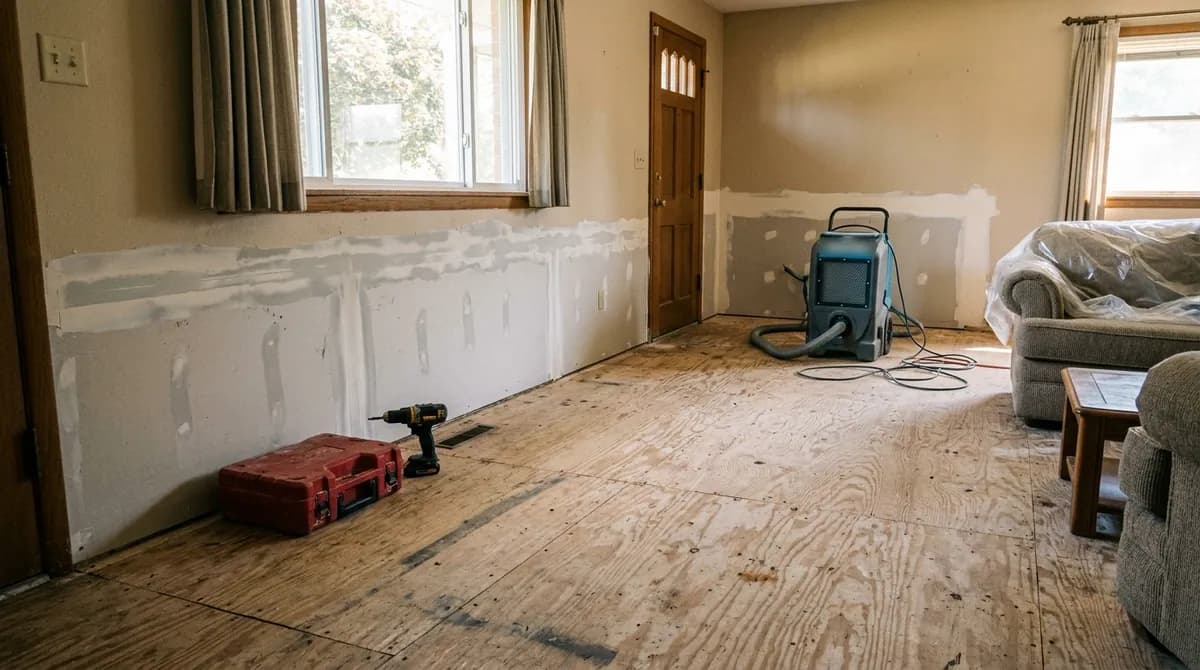 Living room being restored after a leak, with new drywall patches, bare subfloor and a dehumidifier
