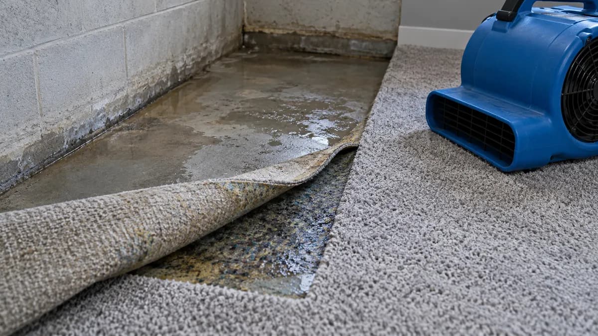 Lifted basement carpet corner showing damp padding beside a blue air mover