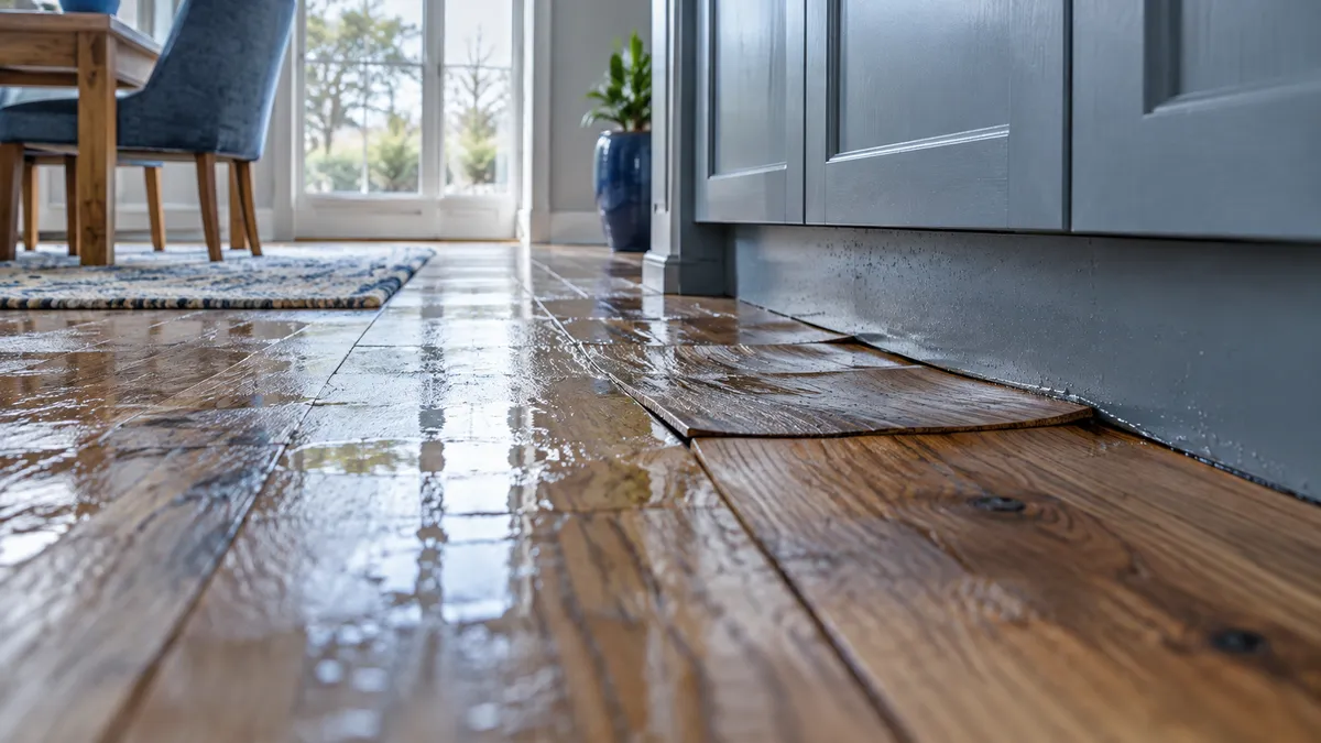 Oak floorboards with raised edges beside a residential kitchen cabinet